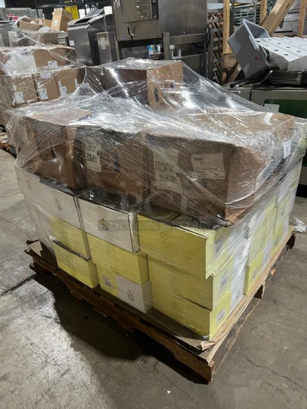 Full pallet of new RAK Porcelain Nano 11" rimless plates, model NNPR28CD10006, 12 per case, shrink-wrapped for shipping.