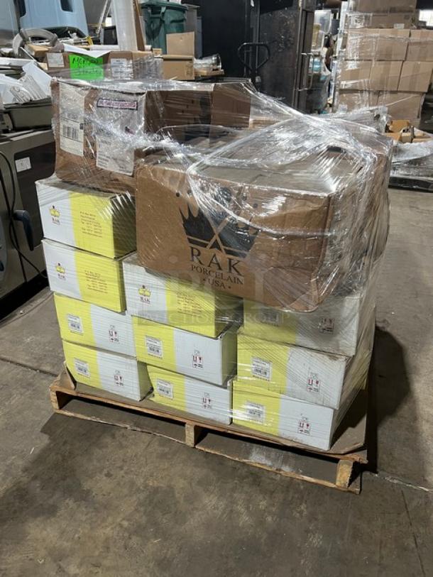 BRAND NEW full pallet of RAK Porcelain Nano Collection 11" rimless plates, Model NNPR28CD10006, 12 per case, 45X bid multiplier.