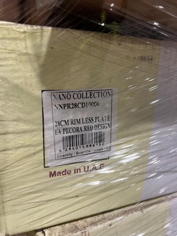 BRAND NEW pallet of RAK Porcelain Nano Collection 11" rimless plates, Model NNPR28CD10006, 12 per case, Made in UAE.