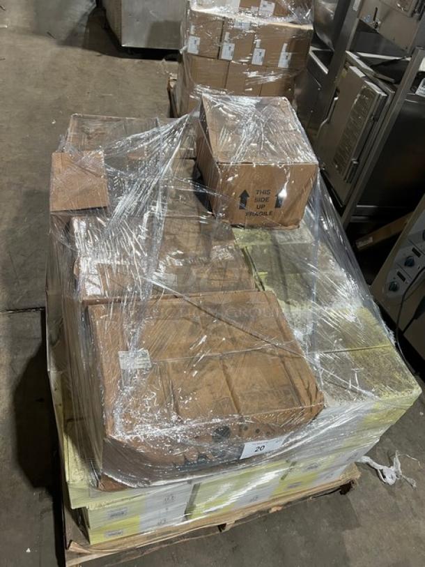 Full pallet of RAK Porcelain Nano Collection 11" rimless plates, model NNPR28CD10006, new in packaging. Each case contains 12 plates.