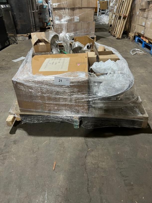 Brand new mixed pallet of commercial kitchen items including Vollrath tongs and pans, Steelite teaspoon, and more. Wrapped on a pallet.