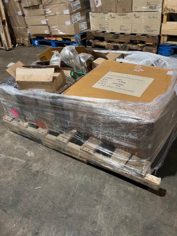 Mixed pallet of brand new commercial kitchen items by Vollrath and Steelite, wrapped in plastic on a wooden pallet.