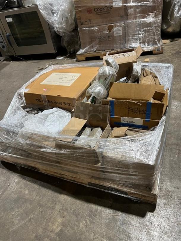 Mixed pallet of brand new commercial kitchenware, including Vollrath stainless steel utility tongs & pans, wrapped on a pallet.