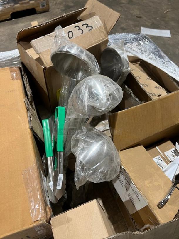 Mixed pallet of new commercial kitchenware including Vollrath utility tongs with green Kool-Touch grip, and more.