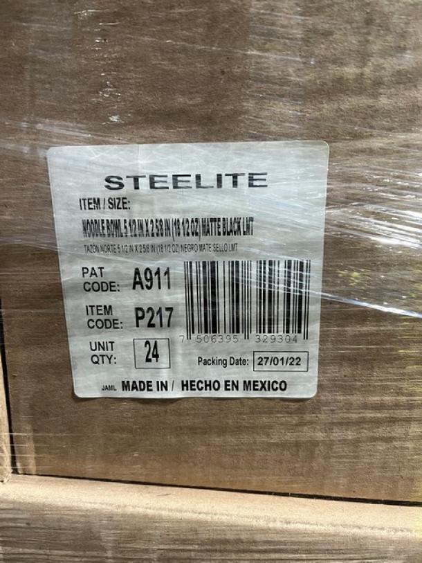 BRAND NEW Steelite Anfora Matte Black Noodle Bowls, 18.5 oz, 24 per case, Model A911-P217, pallet label shows item details.