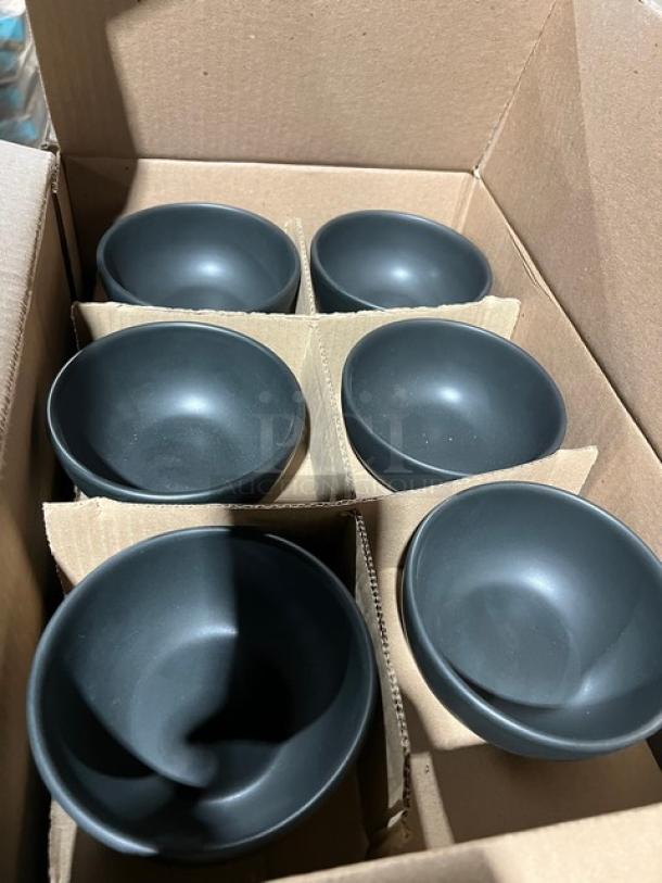 Brand new Steelite Anfora matte black 18-1/2 oz noodle bowls, model A911-P217, in original packaging.