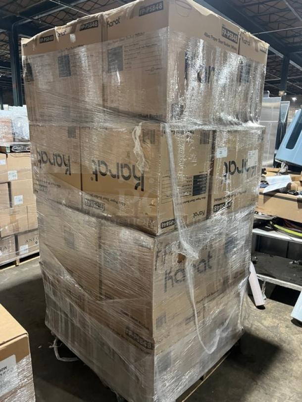 Full pallet of Karat FP-PSB48 paper food buckets, 48 oz, 270 per case, brand new condition, wrapped and labeled.