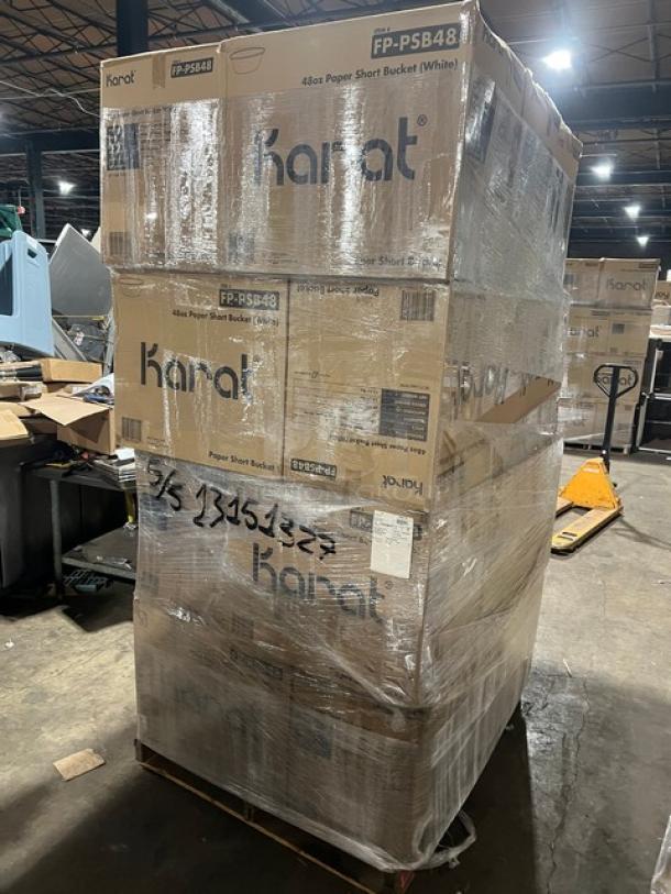 Full pallet of Karat FP-PSB48 white 48 oz. paper food buckets, 270 per case. Boxes labeled and sealed. Brand new condition.
