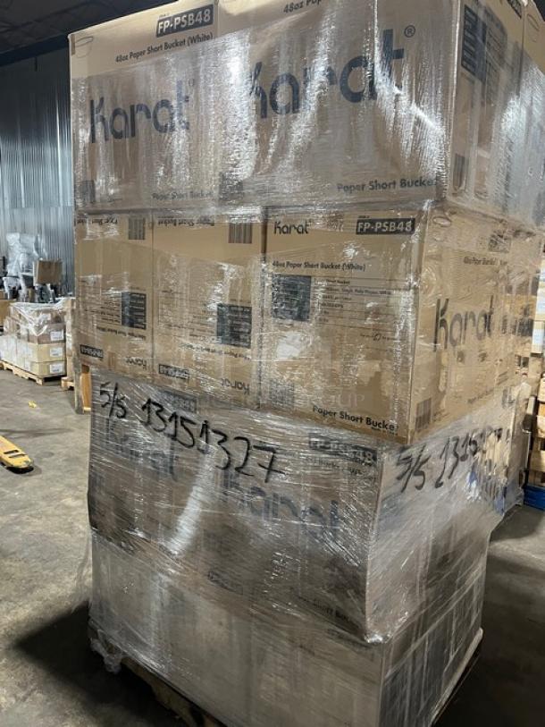 Brand new pallet of 48 oz. Karat FP-PSB48 white paper food buckets, 270 per case, in original packaging.