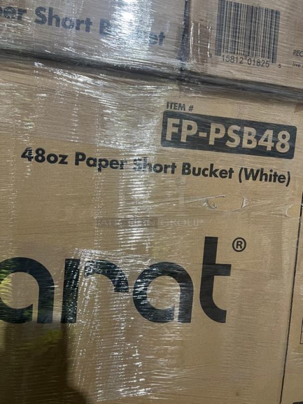 Pallet of Karat 48 oz. White Paper Food Buckets, Model FP-PSB48, 270 per case, brand new, in original packaging.