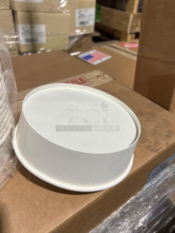 Brand new Karat 48 Oz. paper food bucket, Model FP-PSB48, on a pallet. White, round, short design, 270 per case.