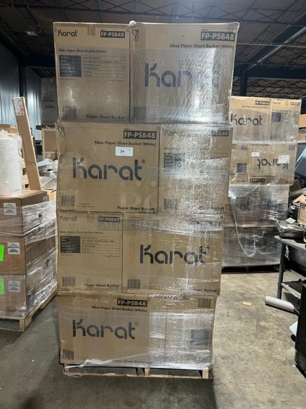 Full pallet of Karat 48 oz. white paper food buckets, model FP-PSB48, 270 per case, brand new in original packaging.