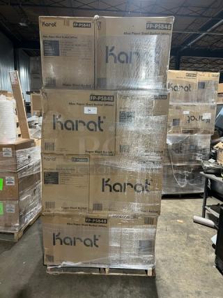 Full pallet of Karat 48 oz. white paper food buckets, model FP-PSB48, 270 per case, brand new in original packaging.