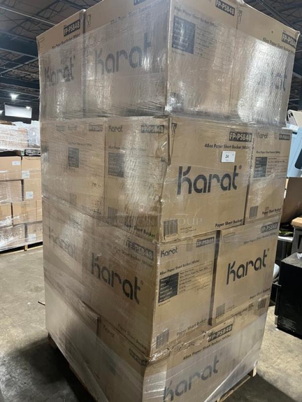 Karat model FP-PSB48 commercial white 48 oz paper food buckets on a full pallet. Brand new, 270 buckets per case.
