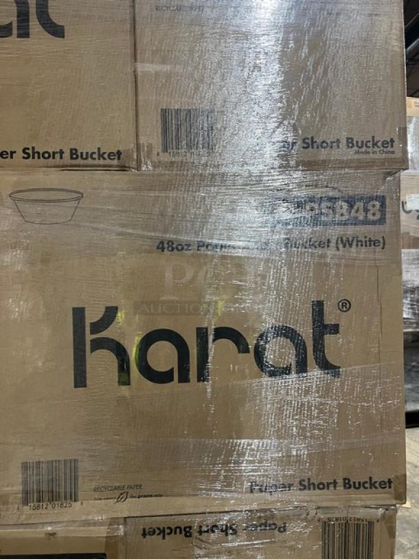 Pallet of Karat 48 oz. white paper food buckets, model FP-PSB48, brand new, 270 per case, wrapped and sealed.