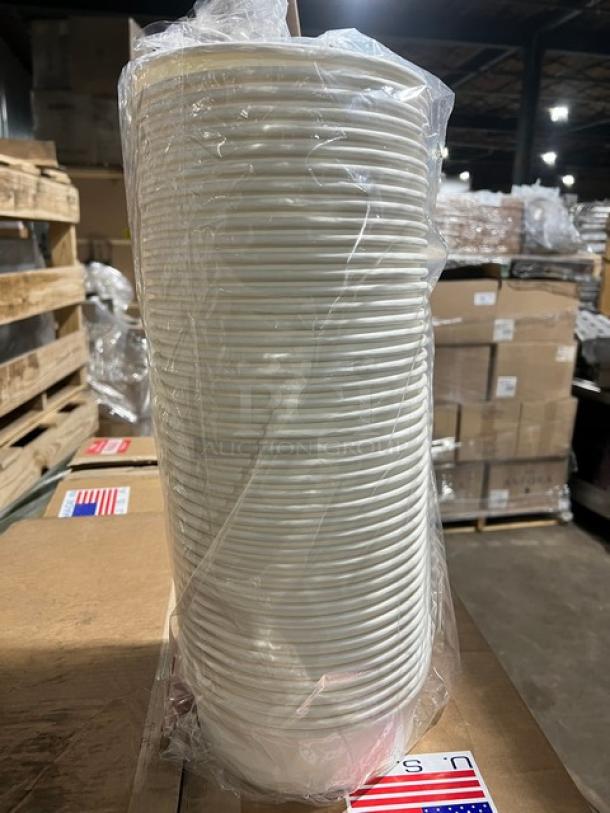 Brand new Karat FP-PSB48 paper food buckets, 48 oz., white, 270 per case, stacked and wrapped on a pallet.