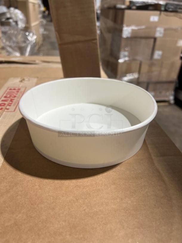 Brand new Karat 48 oz. white paper food bucket, model FPPSB48, shown on a pallet. 270 per case.