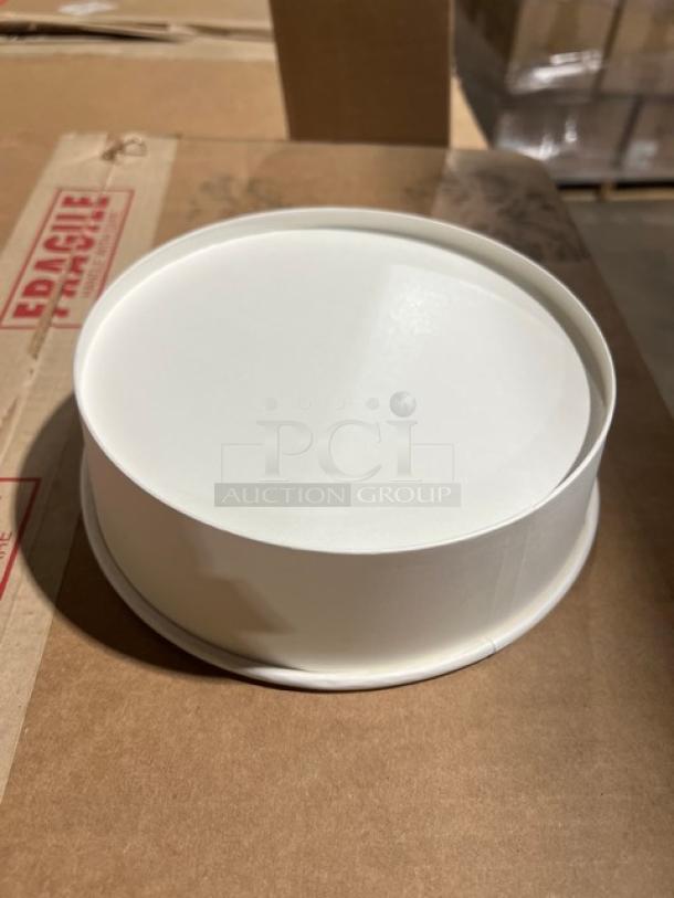 Brand new Karat FP-PSB48, 48 oz. round white paper food bucket on pallet, 270 per case, pristine condition.