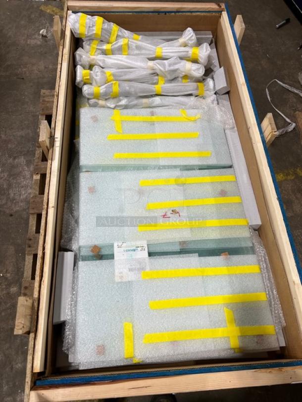 BRAND NEW BSI ZGuard Series tempered glass sneeze guard, model ZG9500-4, 27" height, in packaging with yellow markings.