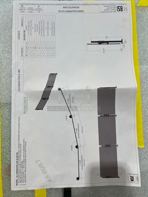 BSI ZGuard Series sneeze guard plan, model ZG9500-4. Shows assembly details and measurements for 27" glass shield.