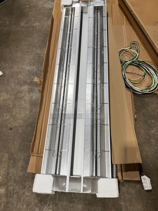 Brand new Hatco Glo-Ray GRA-60D dual infrared warmer, 60" aluminum, electric-powered, 120V, 1 phase, in original packaging.