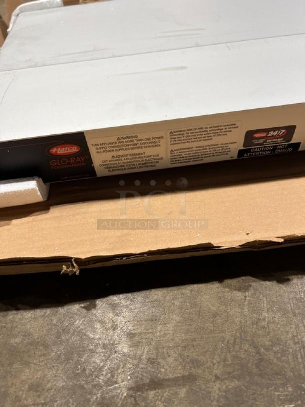 Brand new Hatco Glo-Ray GRA-60D, 60" dual infrared warmer, aluminum, 120V, with visible model and caution labels.