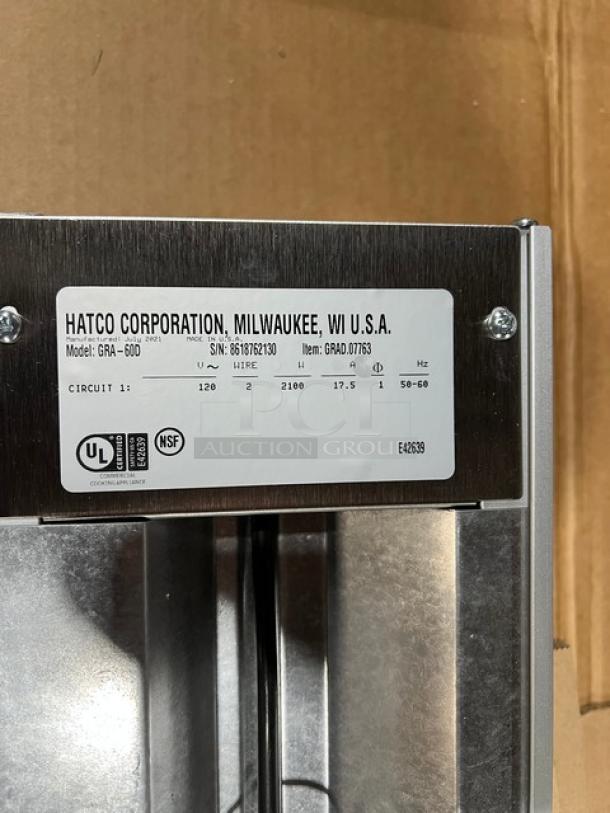 Brand new Hatco Glo-Ray GRA60D, 60" dual infrared warmer. Aluminum, electric, 120V, 1 phase, SN: 8618762130.