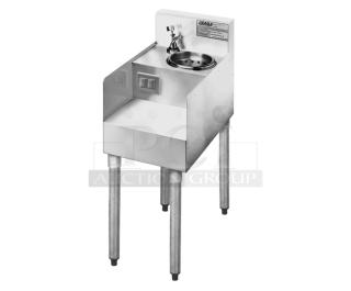 Brand new Eagle Group 1800 Series stainless steel 12" underbar blender station, Model MA418, with faucet and sink.