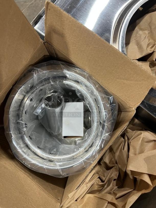 Brand new Eagle Group MA418 stainless steel modular blender station in box, packed in protective wrap, showing components.