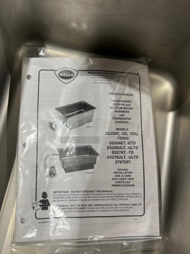 Wells Model 5PSS276TDU stainless steel electric drop-in hot food well, 12"x27", brand new with thermostatic control. Manual included.