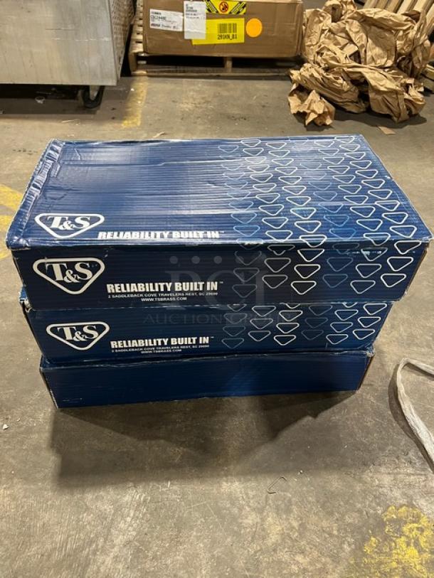 Brand new T&S Model B0655BSTP wall-mount service sink faucet boxes, polished chrome finish, 8" centers, packaging intact.