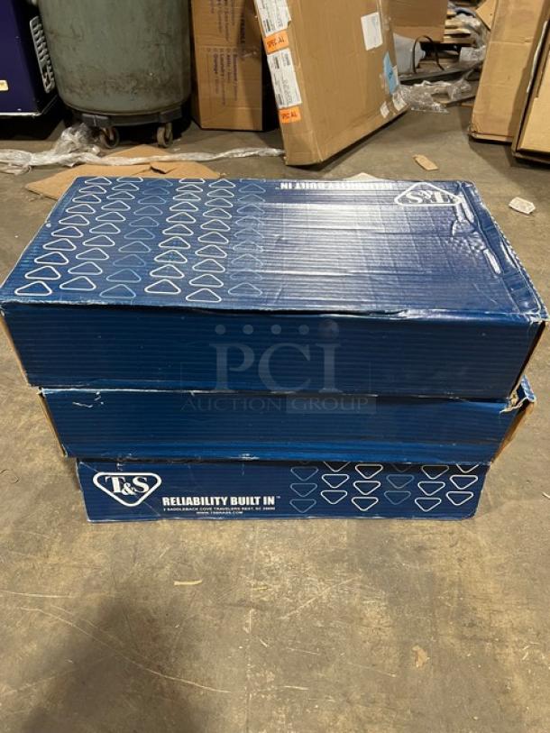 Brand new T&S Model B0655BSTP wall-mount service sink faucet in box, polished chrome, 8" centers, commercial quality.