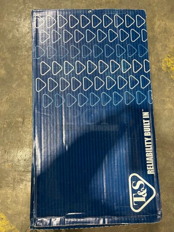 Brand new T&S Model B0655BSTP wall-mount service sink faucet, polished chrome finish, 8" centers, in original packaging.