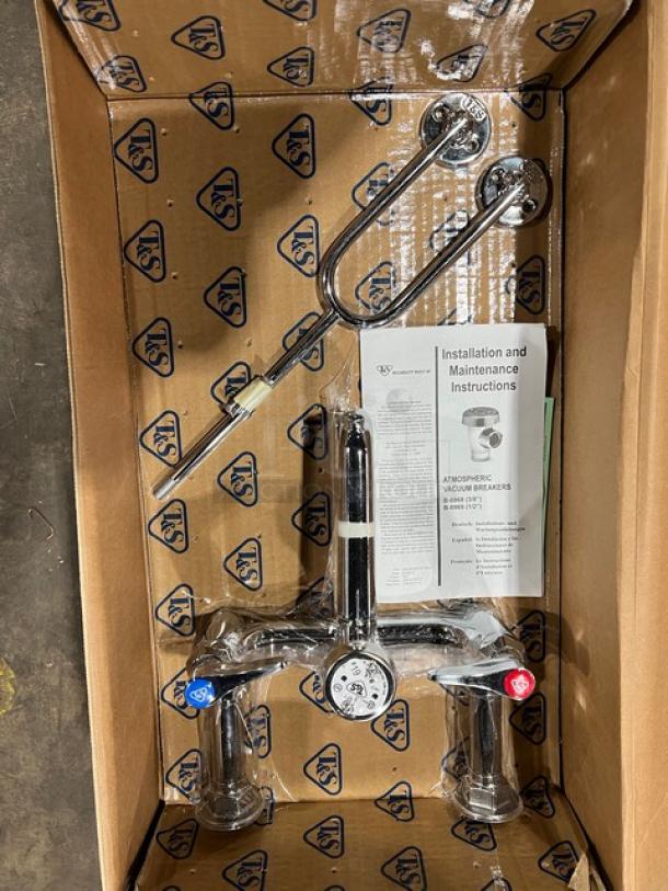 Brand new T&S B-0655-BSTP wall-mount service sink faucet with polished chrome finish, 8" centers, and installation guide.