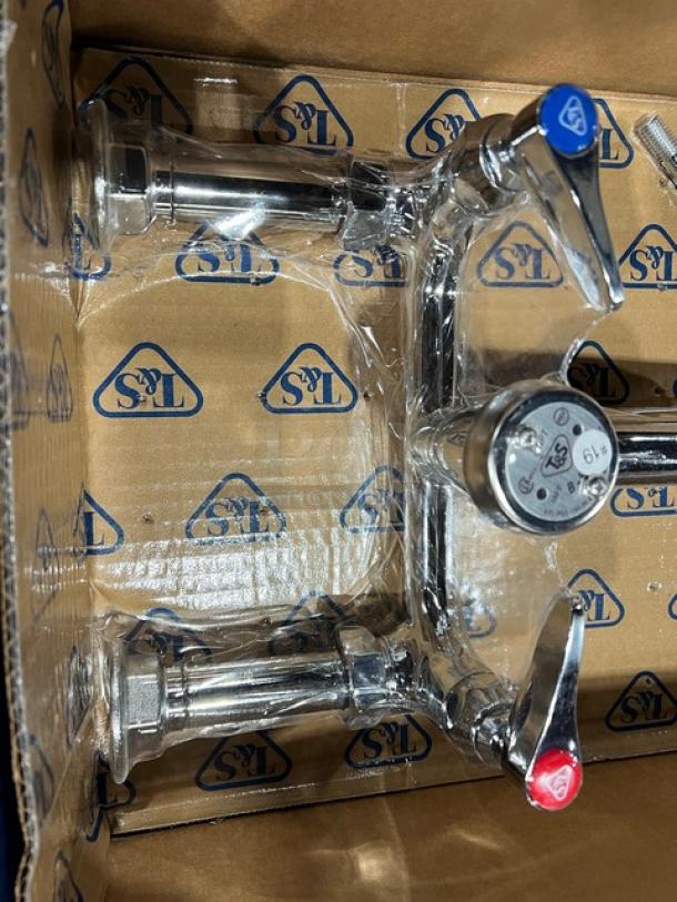 Brand new T&S wall-mount service sink faucet, polished chrome, model B0655BSTP, 8" centers, boxed condition.