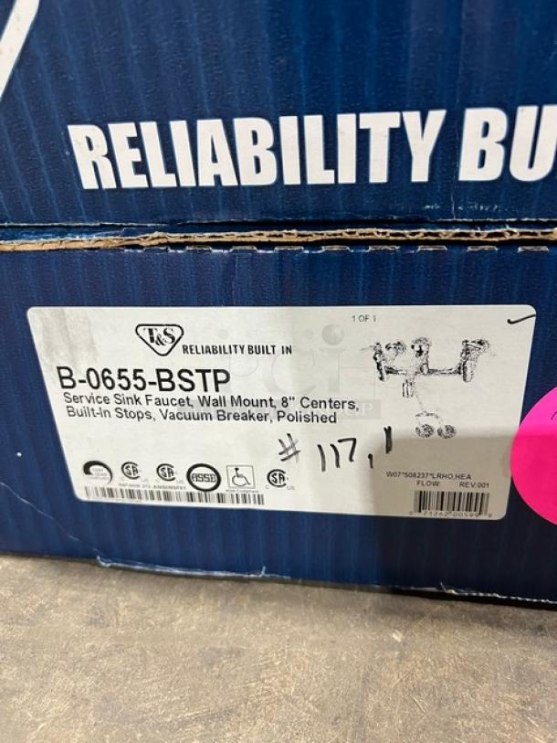 T&S B-0655-BSTP wall-mount service sink faucet, polished chrome, 8" centers, brand new. Box label shows model details.