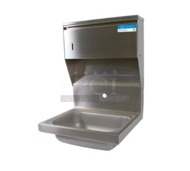 Brand new BK Resources stainless steel wall-mount hand sink, model BKHSW141014DTD, with towel and soap dispenser.