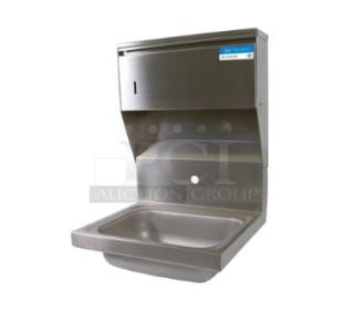 Brand new BK Resources stainless steel wall-mount hand sink, model BKHSW141014DTD, with towel and soap dispenser.