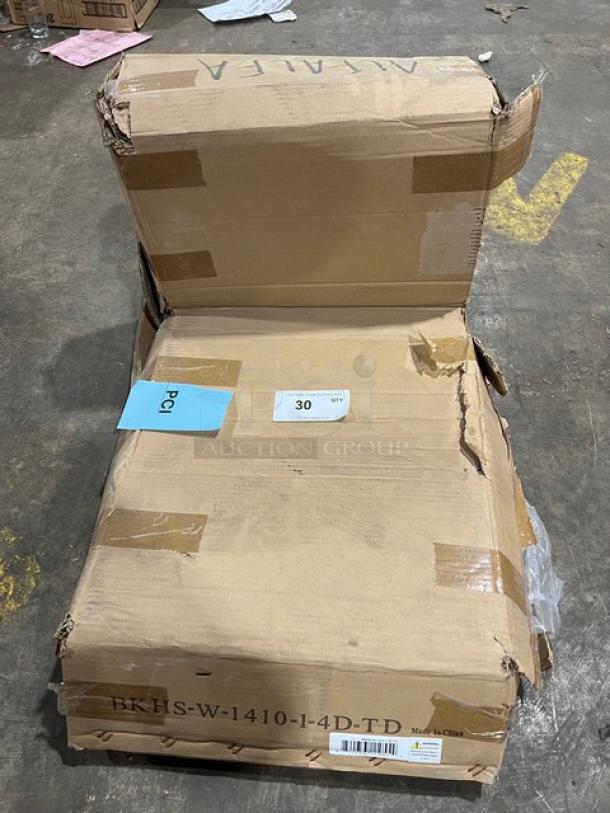 New BK Resources commercial stainless steel wall-mount hand sink in original packaging, model BKHS-W-1410-1-4D-TD.