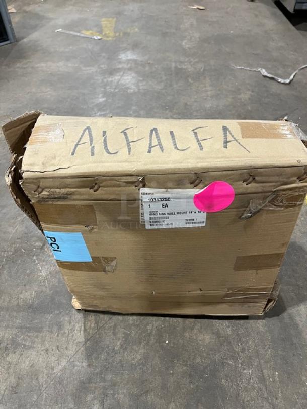 New BK Resources stainless steel wall-mount hand sink in box, Model BKHSW141014DTD. Includes towel and soap dispenser.