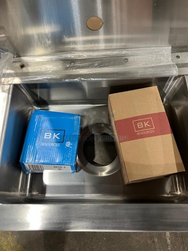 BRAND NEW BK Resources stainless steel wall-mount hand sink, 5" deep, with soap and towel dispenser, model BKHS-W-1410-1-4D-TD.