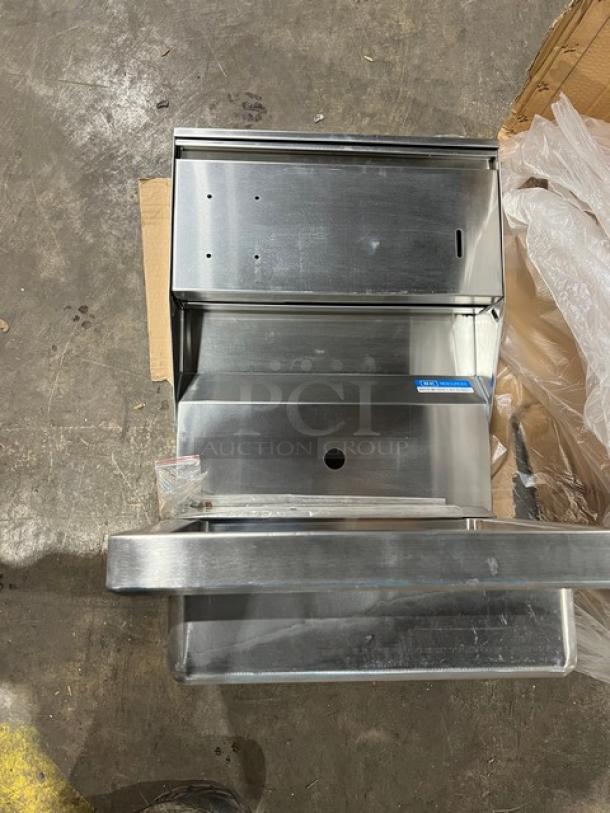 BRAND NEW BK Resources stainless steel wall-mount hand sink, 5" deep, with towel and soap dispenser, single splash-mount faucet hole. Model BKHSW141014DTD.