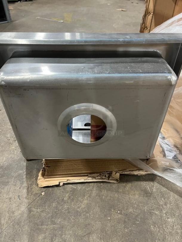 BRAND NEW BK Resources stainless steel wall-mount hand sink, 5" deep, model BKHSW141014DTD, with towel and soap dispenser, single splash-mount faucet hole.