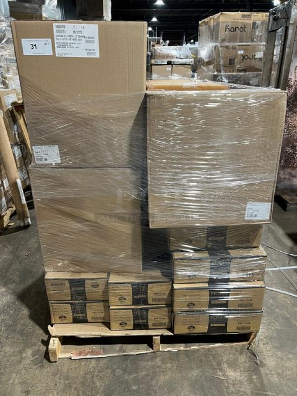 Mixed pallet with EMI Yoshi black plastic party trays, Vollrath Traex cup racks, and woven baskets, wrapped for auction.