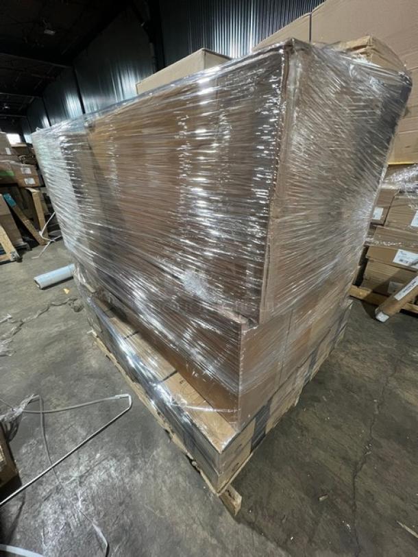 Shrink-wrapped mixed pallet with EMI Yoshi trays, model EMI-1116B, and Vollrath cup racks, model TR16BBB-32. Brand new condition.