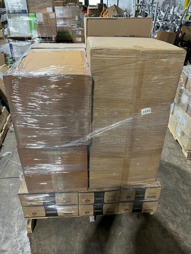 Mixed pallet with EMI Yoshi black trays, Vollrath Traex cup racks, wicker basket, and more. Brand new, wrapped, large boxes.
