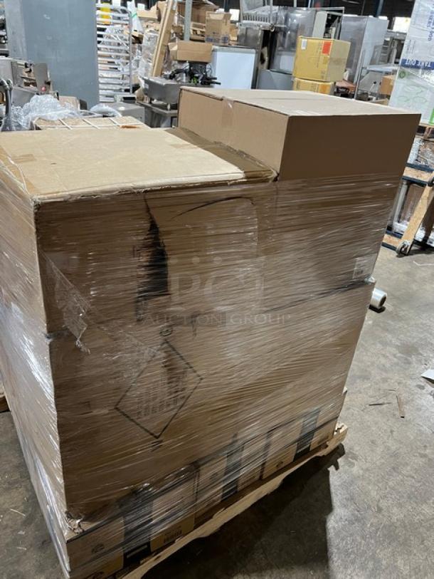 Mixed pallet with EMI Yoshi trays, Vollrath Traex cup racks, and wicker baskets. Items in original packaging, wrapped on pallet.