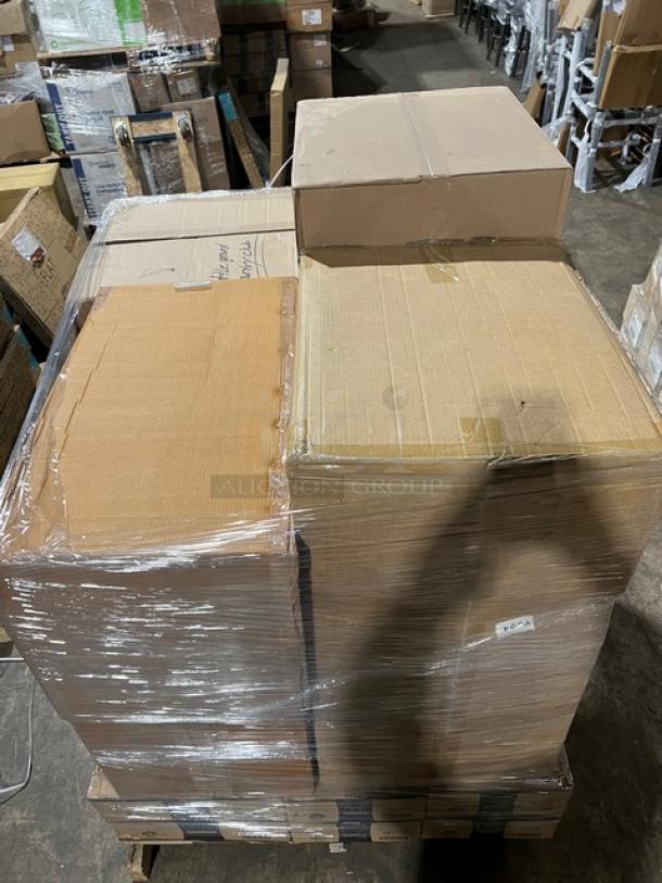 Mixed pallet of commercial kitchenware in cardboard boxes, shrink-wrapped. Includes EMI Yoshi trays, Vollrath racks, and wicker baskets.