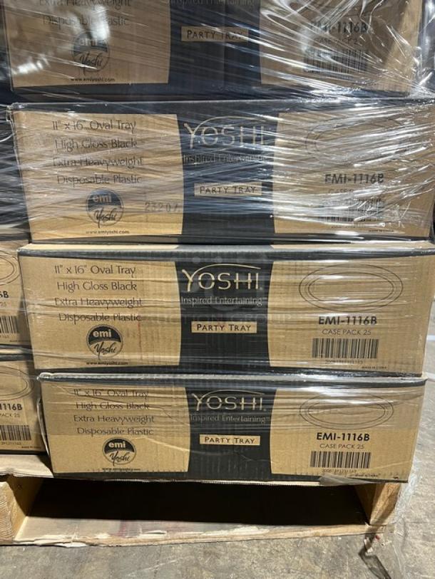 BRAND NEW mixed pallet with EMI Yoshi black trays, Vollrath Traex cup racks, wicker basket. Yoshi trays model: EMI-1116B.