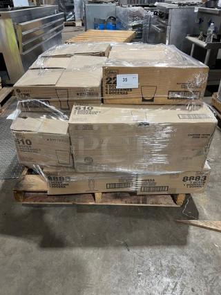 Mixed pallet of brand new Libbey glassware, including Omega martini glasses, Governor Clinton water glasses, and more in boxes.